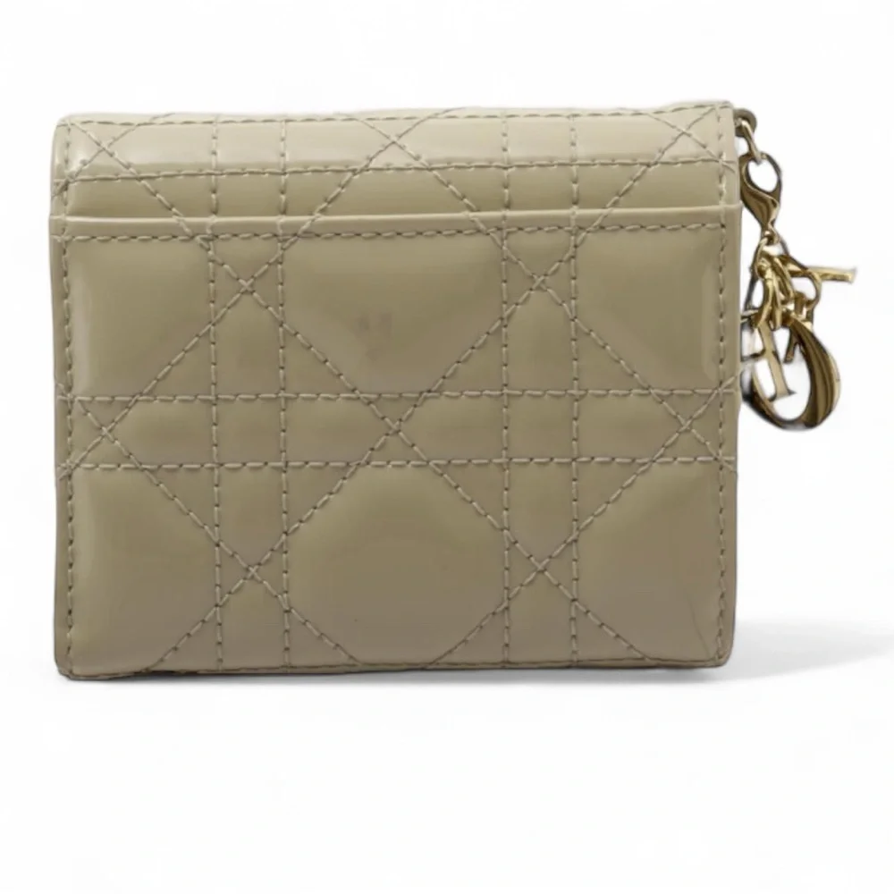 Authentic Christian Dior Lady Lotus Wallet Trifold Calfskin Patent Leather w/COA